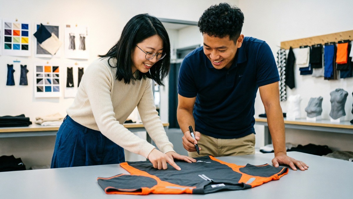 Designer and factory manager discussing sportswear prototype