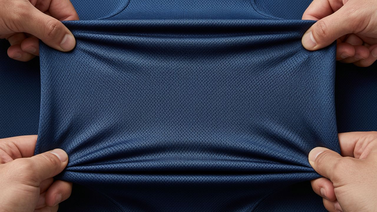 4-way stretch athletic fabric being stretched in multiple directions
