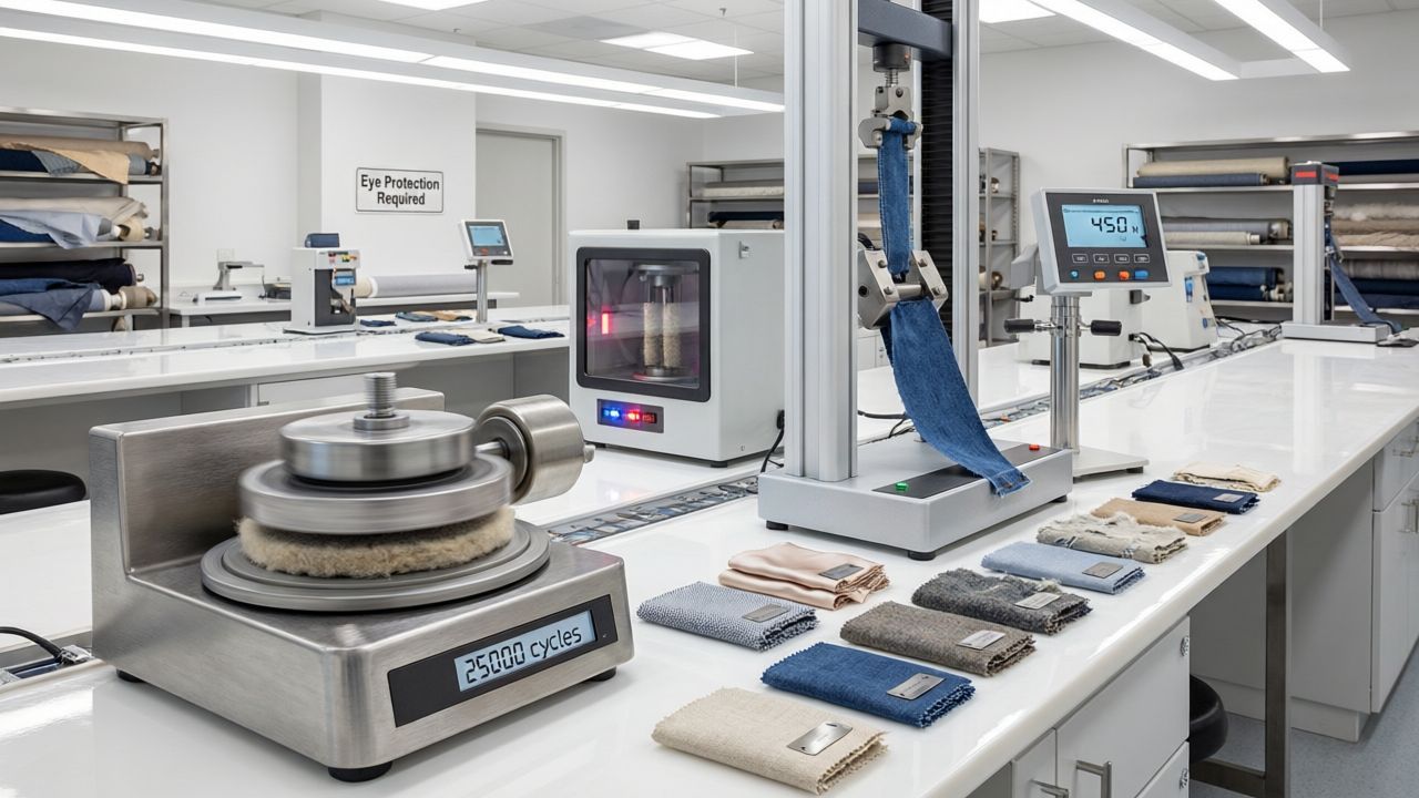 Professional textile testing laboratory with fabric quality testing equipment