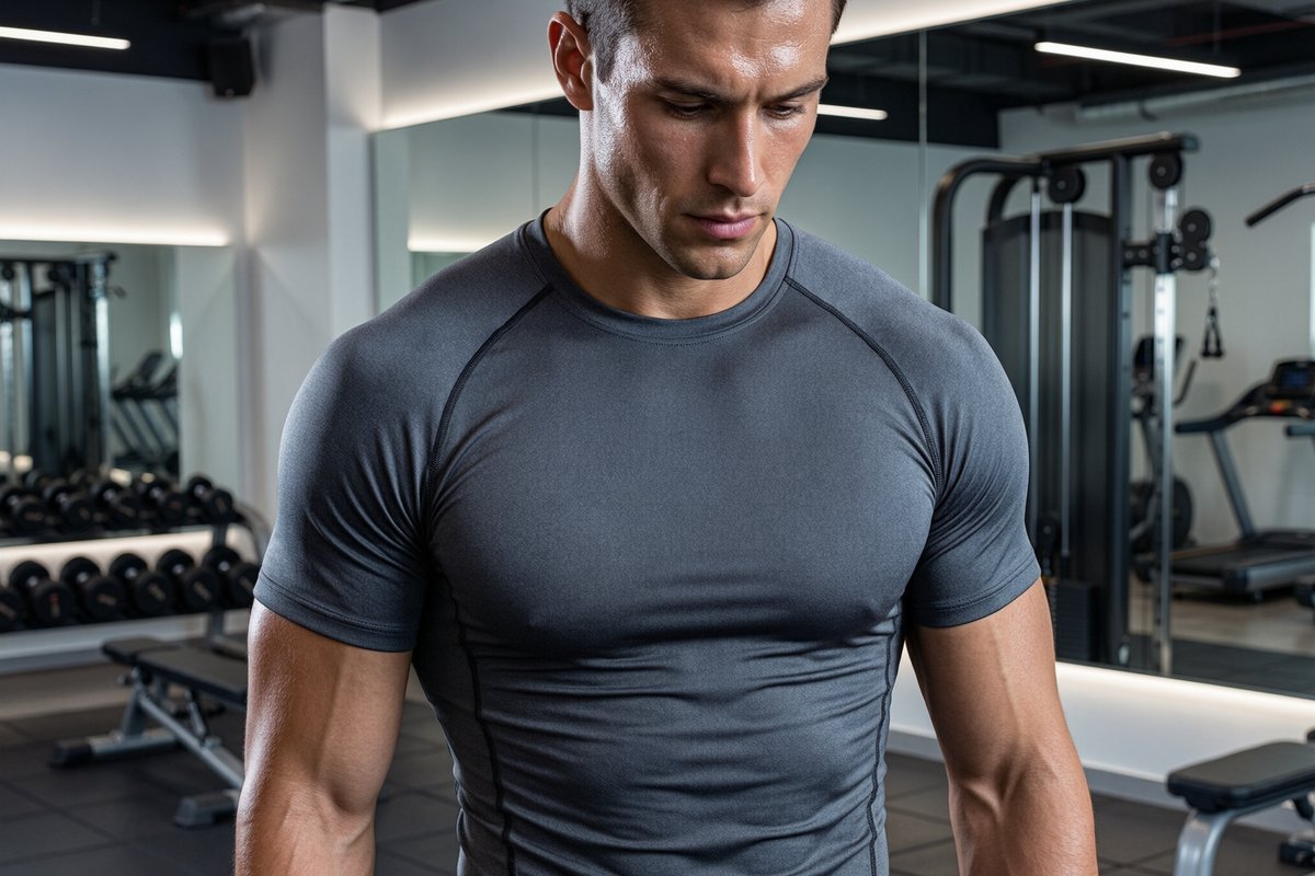 Athletic man wearing ergonomic compression training top showing performance fit and range of motion