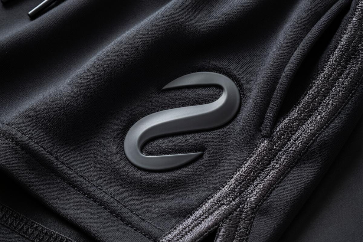 Close up of heat transfer silicone logo branding on premium black gym training fabric