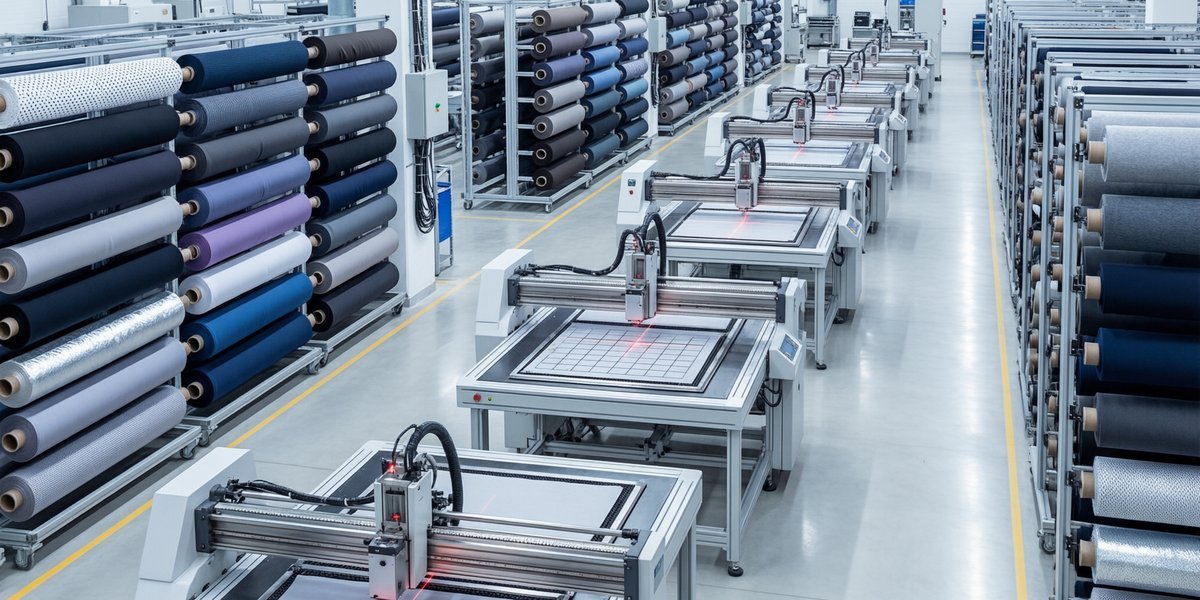 Wide angle view of modern sportswear garment factory interior with automated cutting equipment