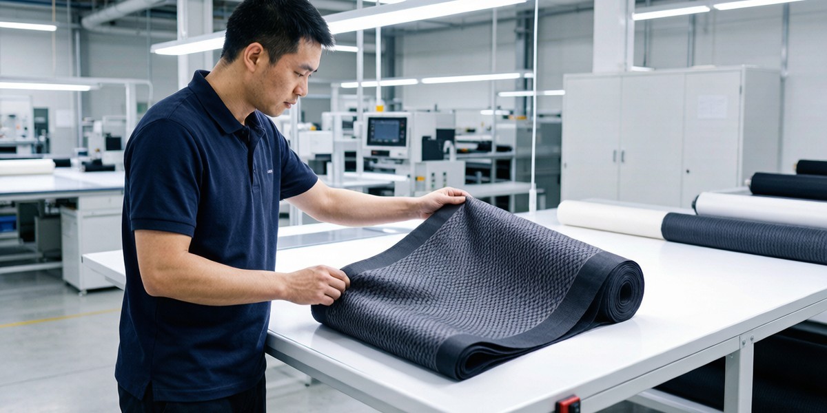 Textile inspector examining a rolled bolt of performance knit fabric on a bright inspection table