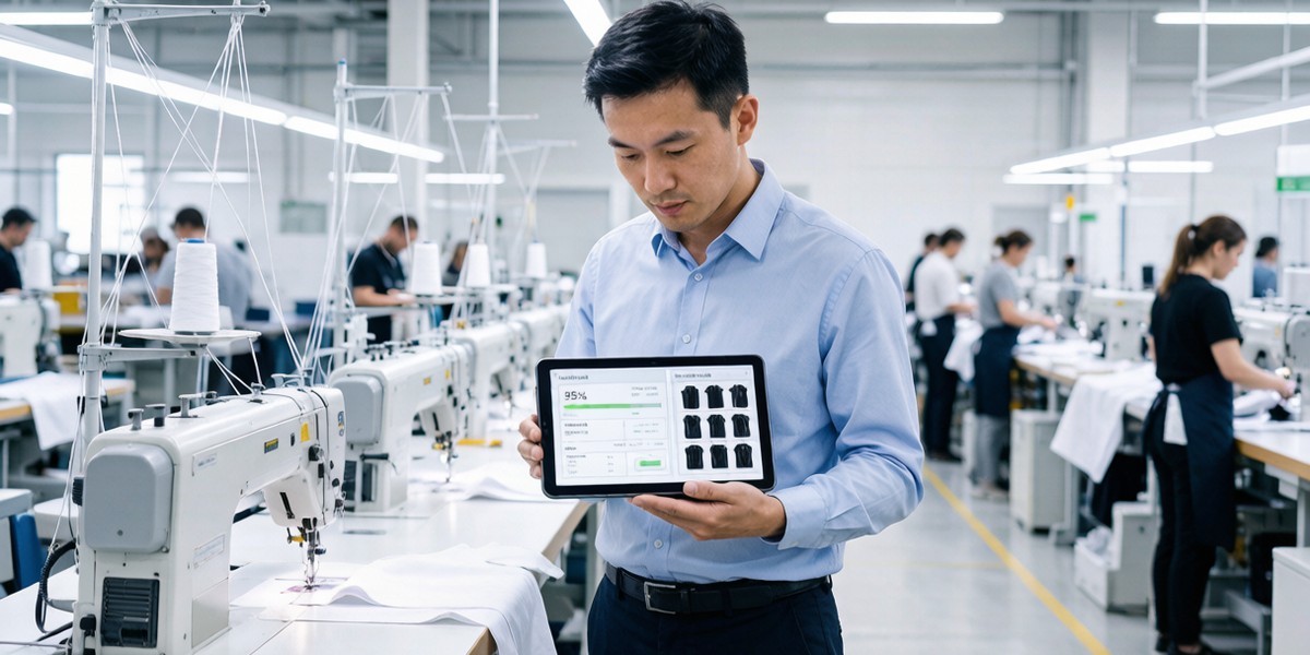 Sportswear factory sewing line with a supervisor reviewing a digital monitoring tablet