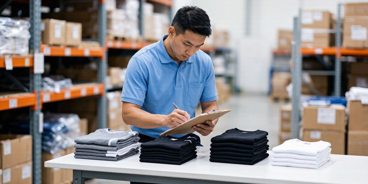 Quality inspector performing final random inspection of folded sportswear garments