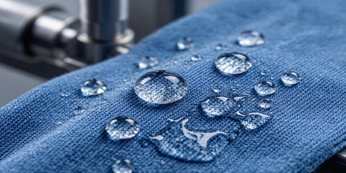 Close-up of moisture-wicking test showing water droplets wicking across blue knit activewear fabric