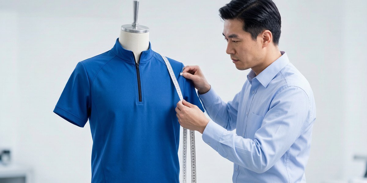 Chinese quality control specialist measuring mens sportswear training top on a male dress form