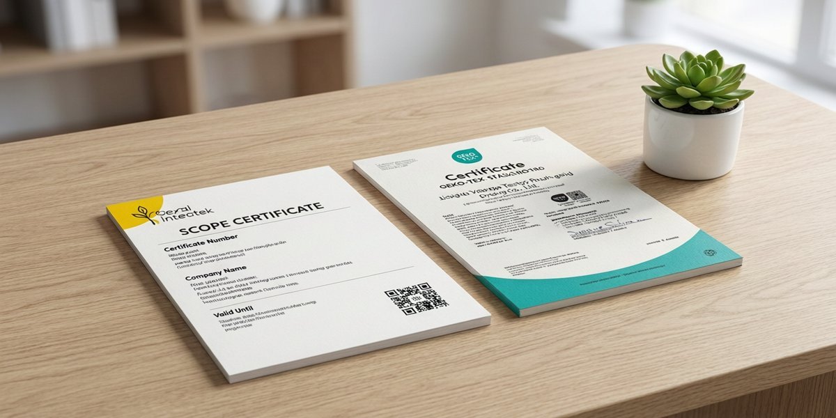 GRS and OEKO-TEX sustainability certification documents on modern office desk