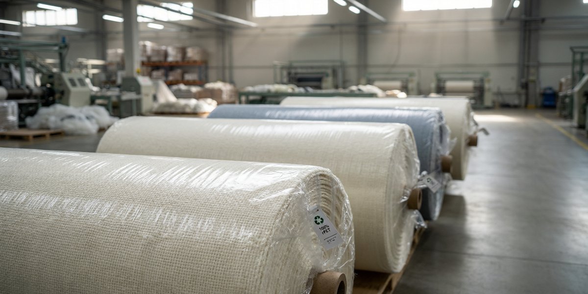 Recycled polyester rPET fabric rolls in sustainable sportswear textile factory