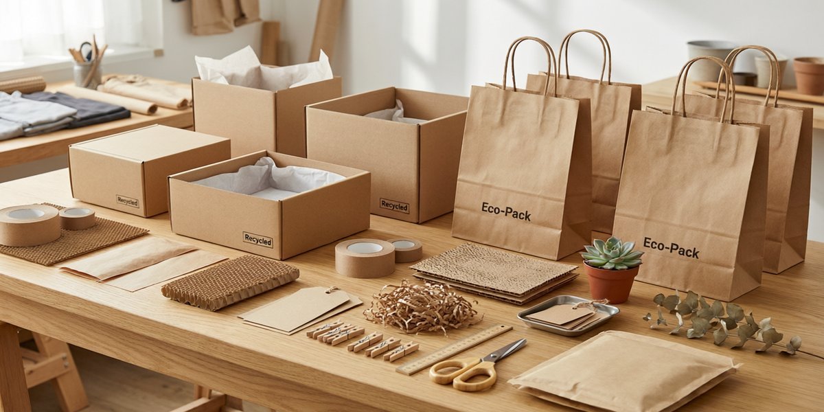Eco-friendly sustainable apparel packaging with recycled materials and kraft paper bags
