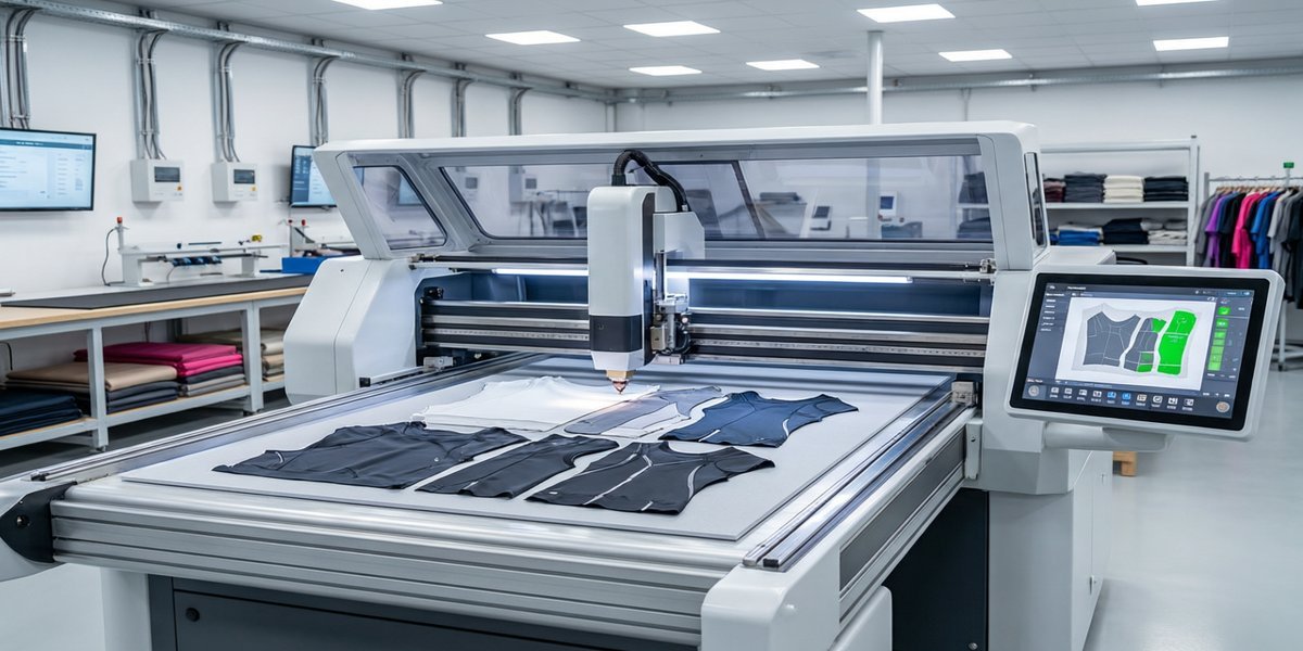 Zero-waste automated fabric cutting technology in modern sportswear factory with precision laser cutting
