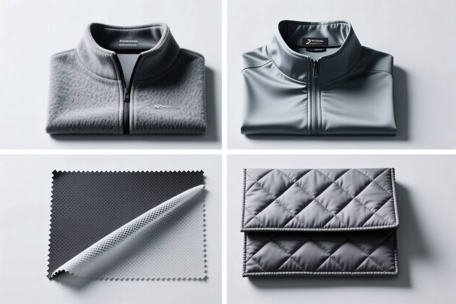 Four premium golf jacket fabric swatches: softshell, Taslan nylon, mesh lining, quilted panel