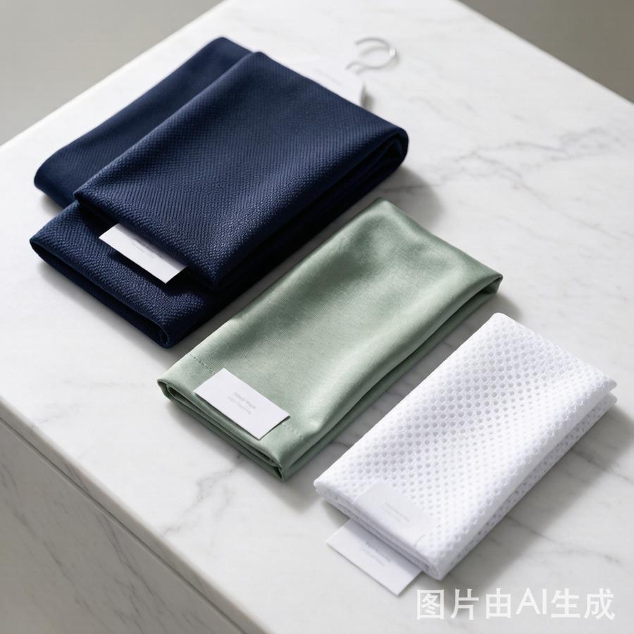 Three premium golf polo fabric swatches: navy micro-pique weave, sage mercerized Tencel blend, white eyelet mesh on marble surface