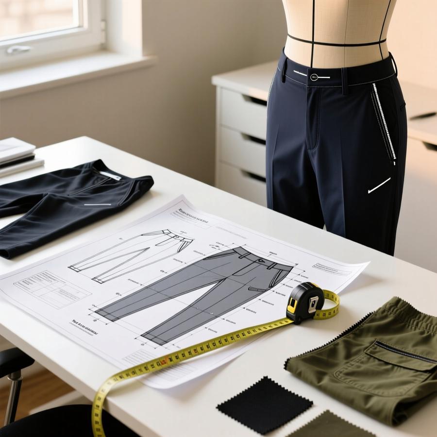Professional apparel tech pack workspace with trouser flat sketches, measuring tape, fabric swatches, and navy performance trousers sample on dress form