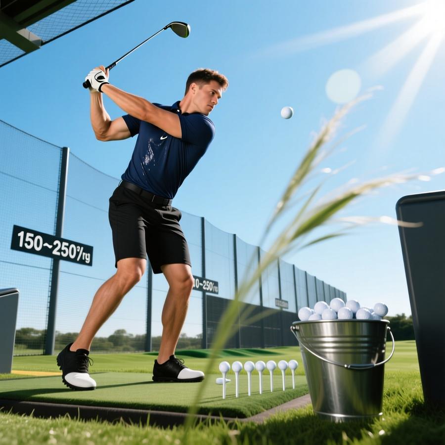 Athletic male golfer practicing powerful drive at modern outdoor driving range in black performance golf shorts