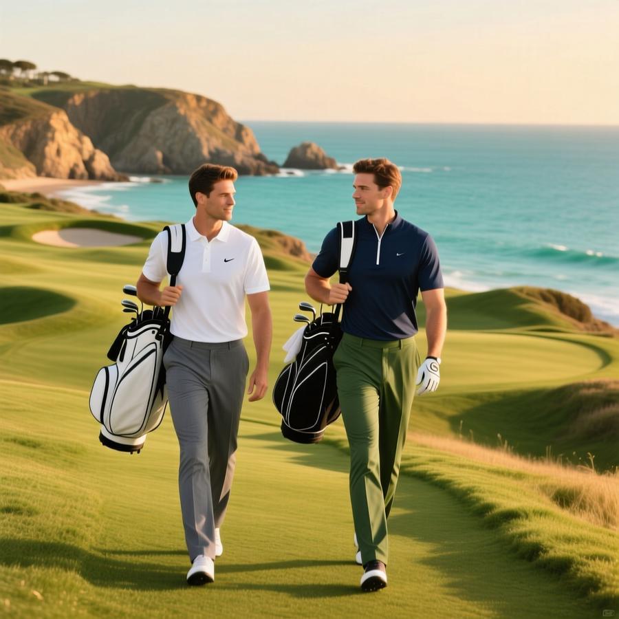 Two golfers walking scenic coastal links course carrying bags, wearing performance trousers in gray and olive green