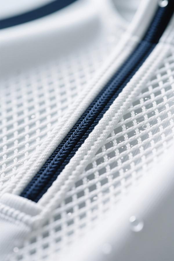 Close-up of technical tennis apparel fabric texture and performance construction