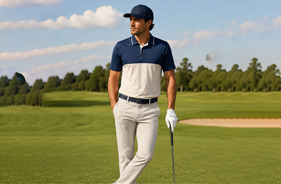 Premium navy and white color-block performance golf polo shirt showing structured collar and tailored fit on golf course