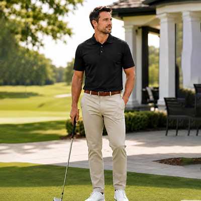 Christian black golf polo with combed cotton piqué and subtle cross detail