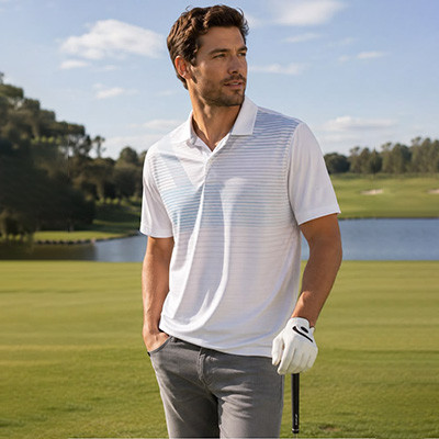 PGA Tour athletic-fit performance stretch moisture-wicking printed golf polo in white and blue