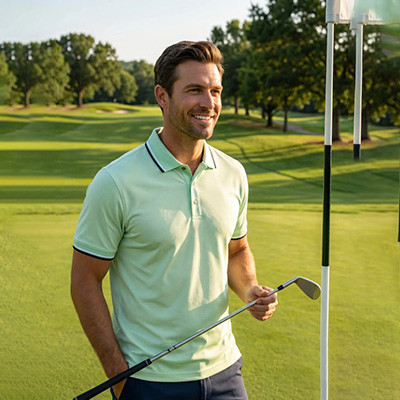 PGA Tour golfer in light green performance polo smiling on bright summer course