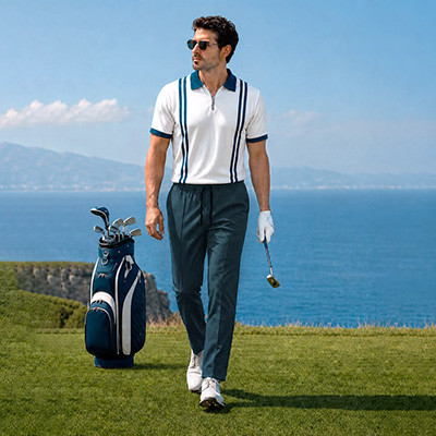 Athlete in white polo with blue stripe trim walking on coastal golf course by ocean