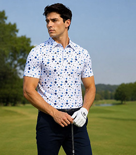 Pack of 5 men's stretch lycra space print performance golf polos showing tournament drop variety