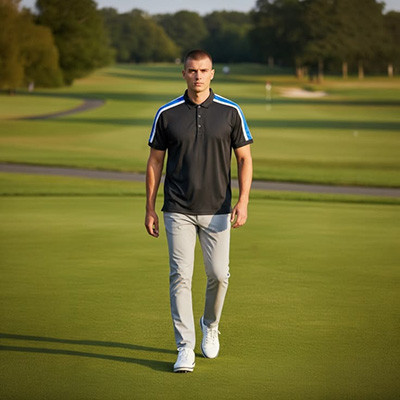 Redvanly black golf performance polo showing torso fit and waistline drape