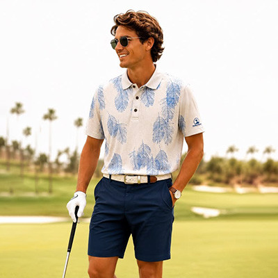 Pebble Beach dry-luxe performance golf polo with palm leaf pattern showing premium fabric selection