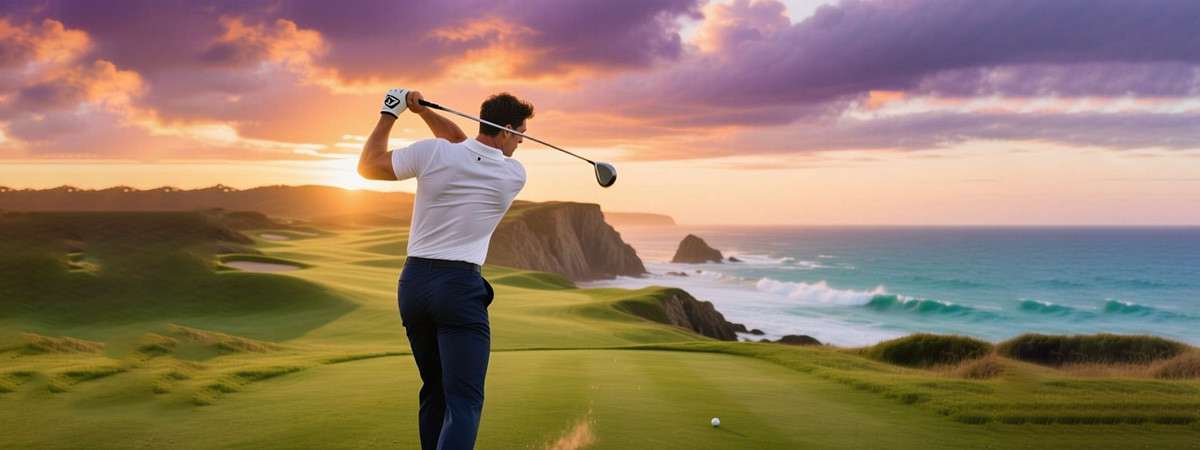 Male golfer mid-swing on pristine championship coastal golf course at golden hour sunset wearing dark navy performance trousers