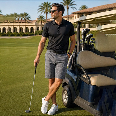 Performance plaid golf chino shorts showing detailed garment construction and stitching