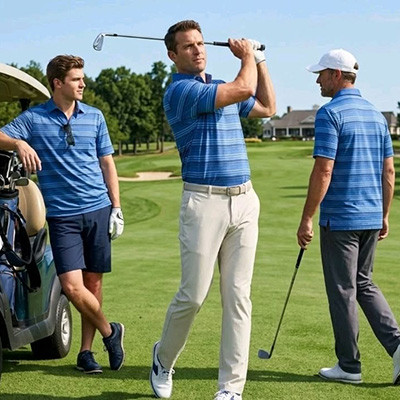 Golfer mid-swing on championship fairway wearing structured anti-wrinkle performance trousers