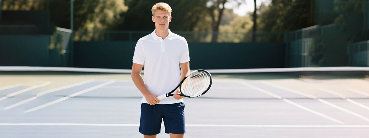 Athlete playing tennis on outdoor hard court in Montforge custom tennis apparel