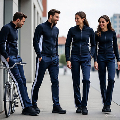 Corporate team wearing branded athletic tracksuits for promotions