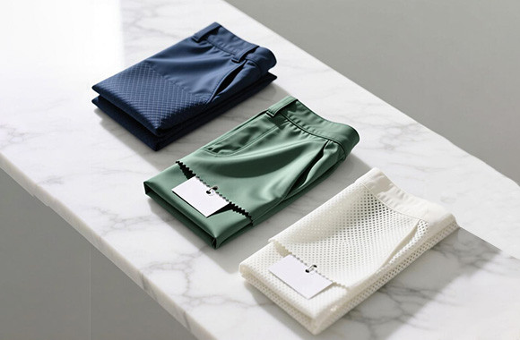 Three premium performance trouser fabric swatches on white marble: navy DWR ripstop nylon, sage 4-way stretch twill, recycled eyelet mesh