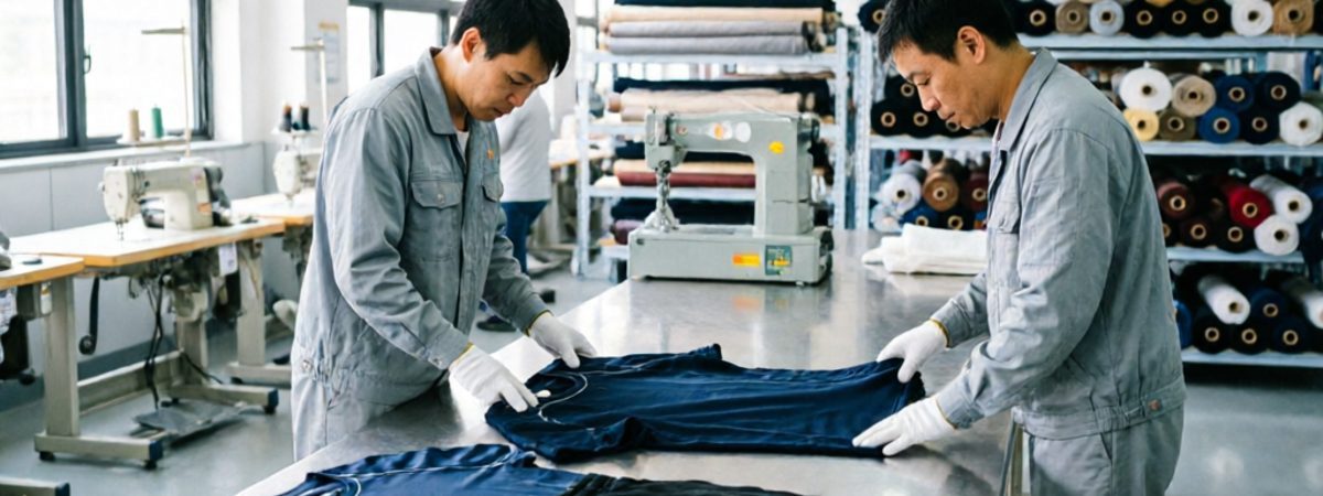 Inside a sportswear factory with rows of industrial sewing machines