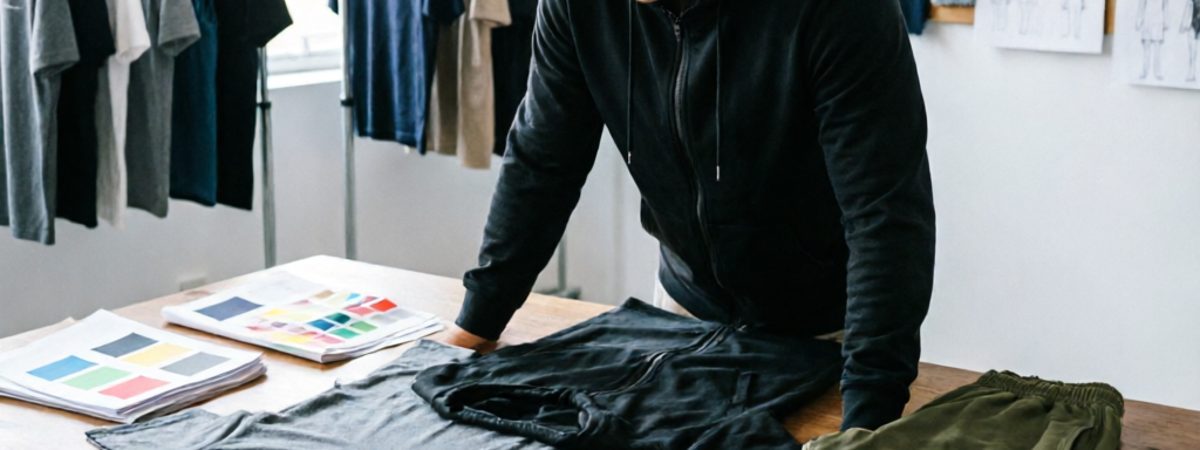 A pattern maker reviewing a tech pack and garment samples in a design studio