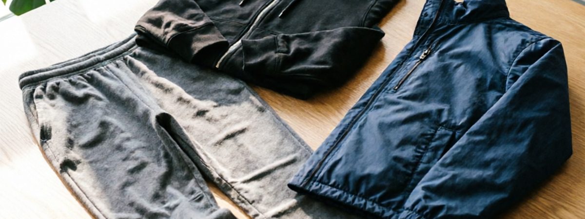 Flat-lay of men's athleisure essentials: joggers, zip-up hoodie, and windbreaker
