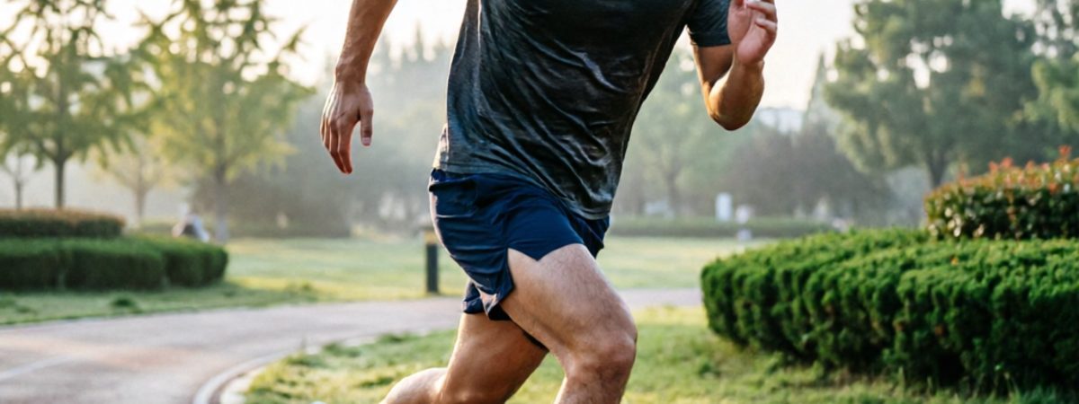 Man wearing moisture-wicking athletic training shirt mid-stride on an outdoor running track