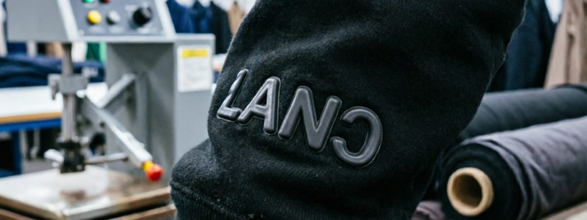 Close-up of 3D silicone embossed logo texture on a men's hoodie sleeve in a production workshop