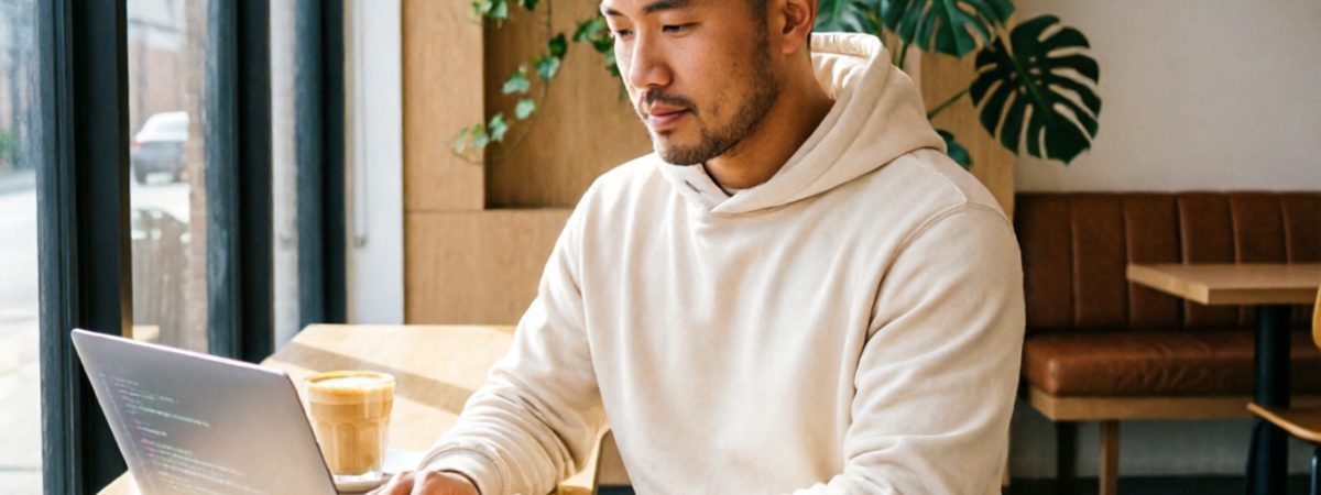 Man in olive performance joggers and cream sweatshirt working at a modern cafe, studio-to-street style