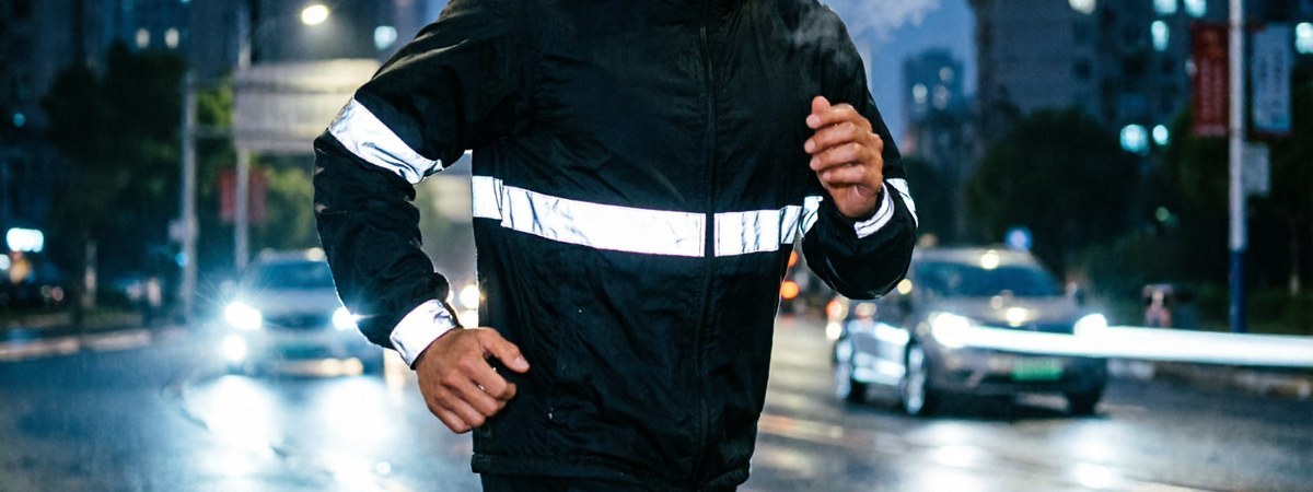 Male runner wearing a reflective running jacket on a dimly lit city road at night
