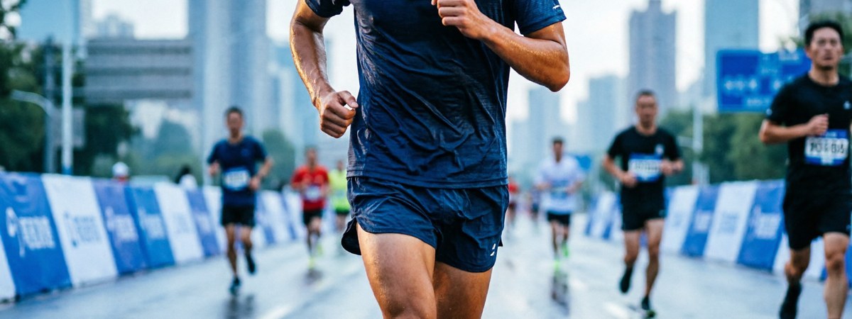 Male marathon runner in moisture-wicking performance gear during a long-distance road race