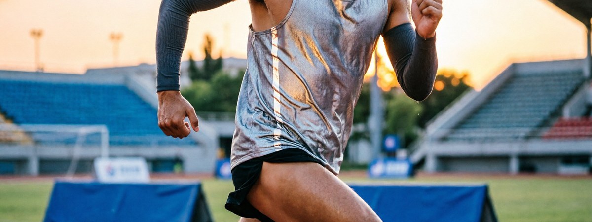 Male runner wearing compression arm sleeves, headband, and reflective vest on a track