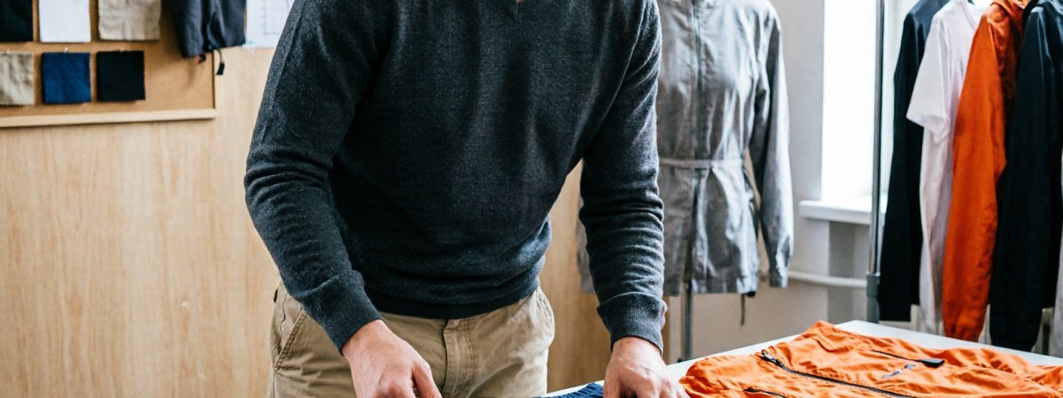 Caucasian European designer examining fabric swatches and a small batch of sportswear samples on a workshop table