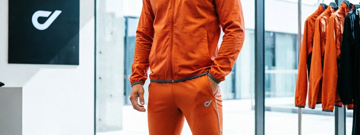 Caucasian European male model wearing a cohesive signature sportswear set in a bright showroom