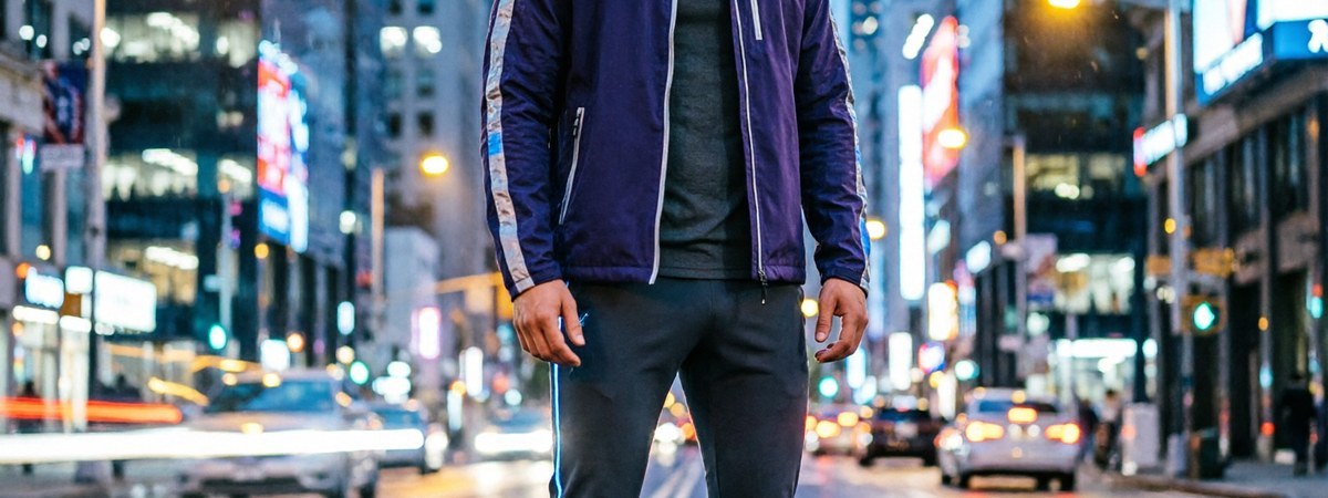 Caucasian European male athlete in technical outdoor sportswear with reflective accents on an urban night street