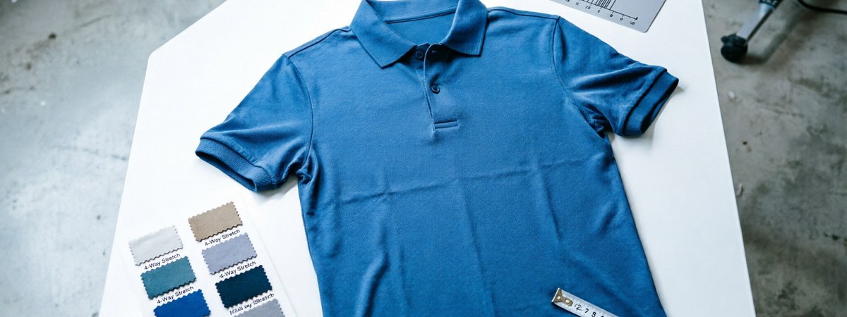 Close-up flat-lay of golf pique fabrics, a polo, swatch board and a UV-protection testing card on an inspection table