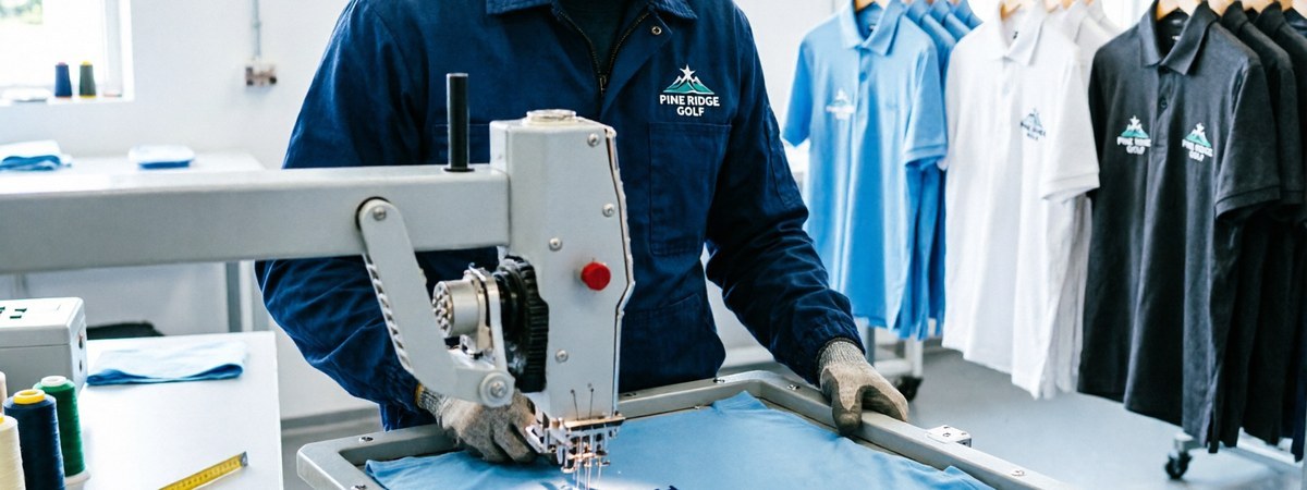 Bright apparel workshop with a European technician operating an embroidery machine personalizing a golf polo with a brand logo