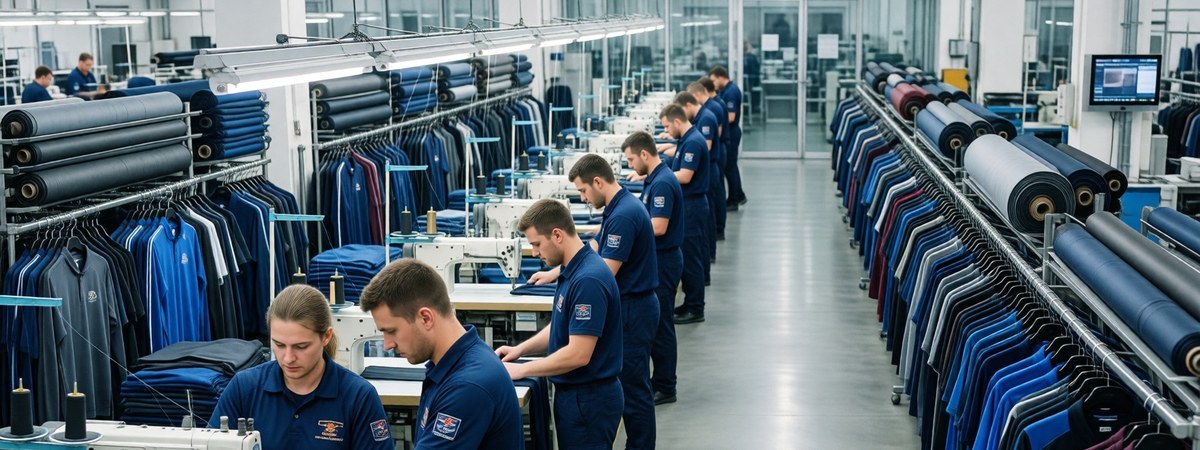Modern sportswear factory floor with industrial sewing lines